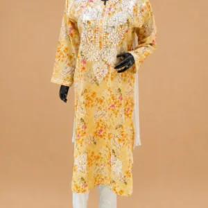 Floral Print Mulmul Chikankari Kurta With Hand Embroidery