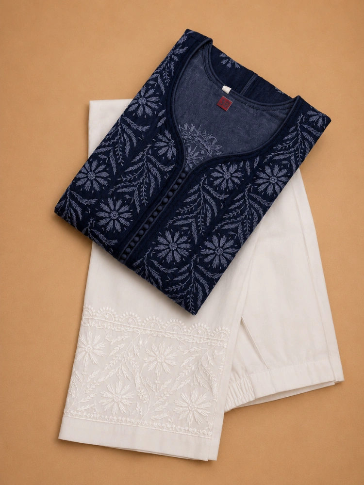 Denim Kurta With Chikankari Hand Embroidery