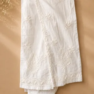 White Cotton Stretchable Pant With Chikankari Hand Embroidery