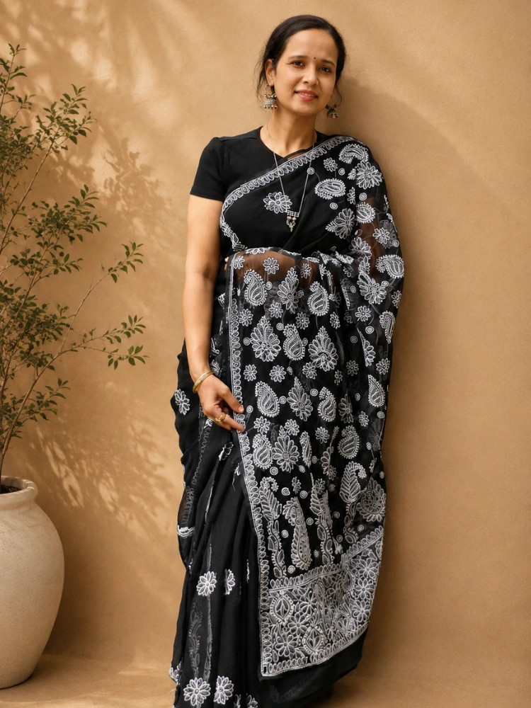 Black Chikankari Saree With Hand Embroidery