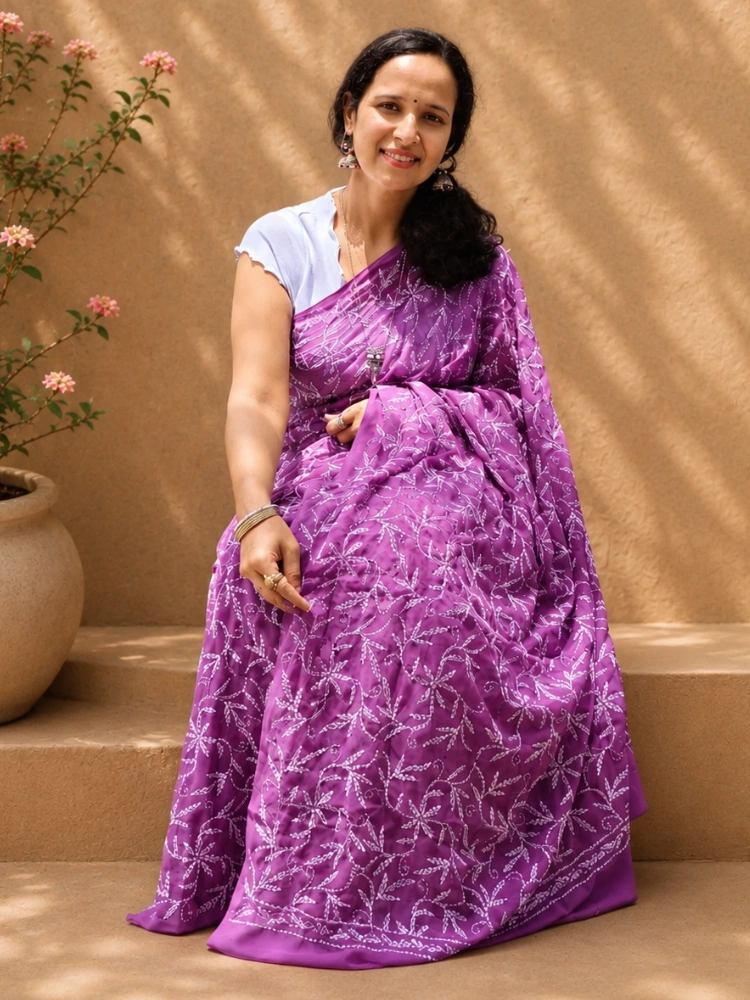 Georgette Chikankari Saree With Tepchi Embroidery
