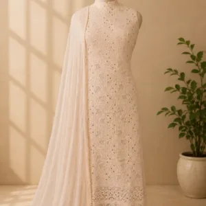 Beige Pure Georgette Chikankari Suit With Mukaish