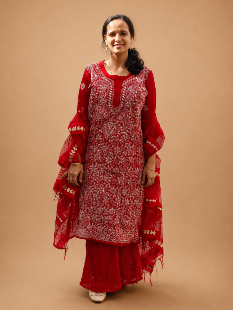 Red Chikankari Kurta With Gotapatti