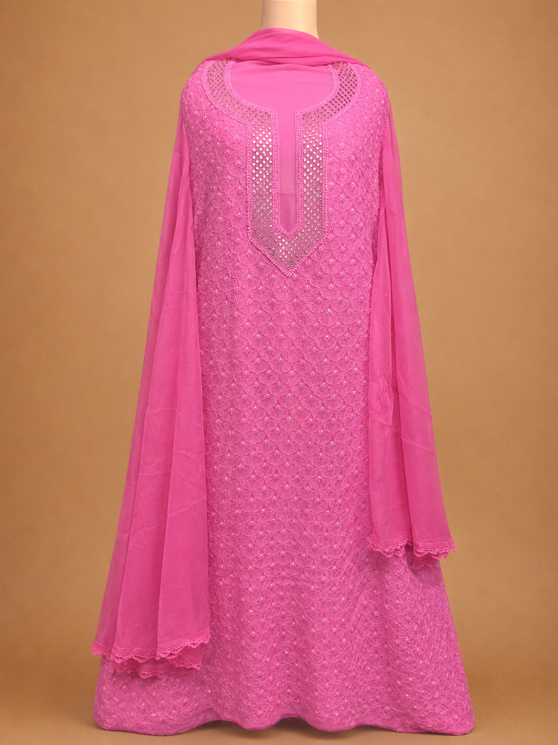 Pink Partywear Pure Georgette Chikankari Suit With Mukaish