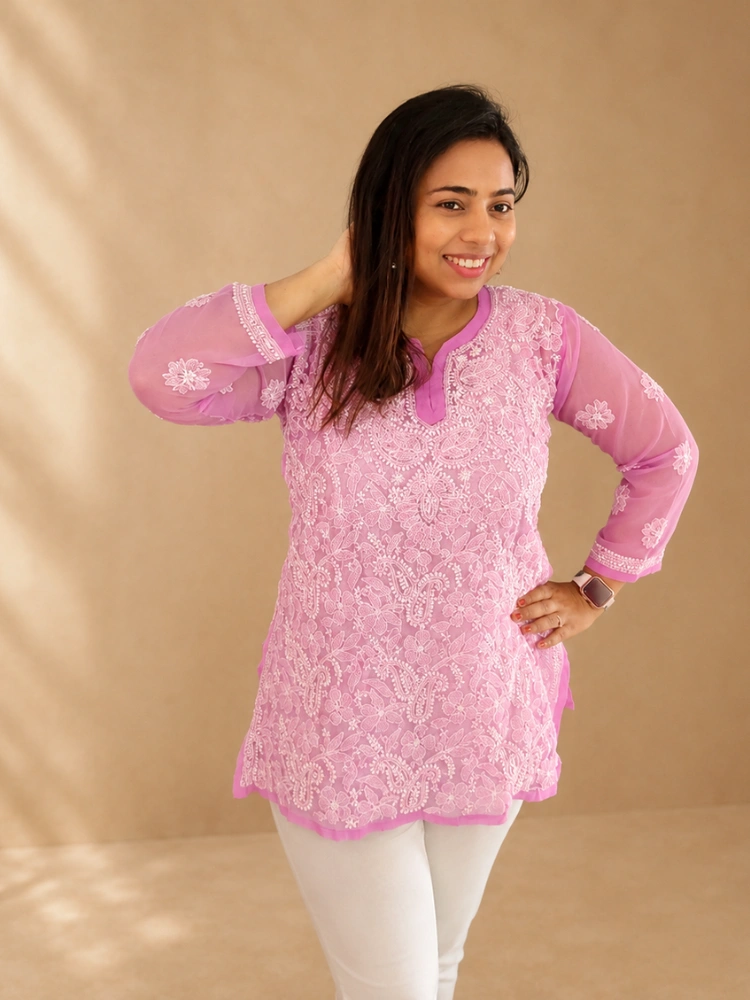 Georgette Chikankari Short Kurti With Hand Embroidery