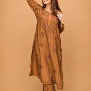 Chanderi Kurta Pant Set With Chikankari Hand Embroidery