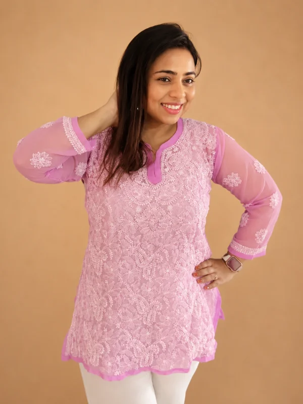 Pink Georgette Chikankari Short Kurti