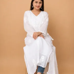 Kota Cotton Chikankari Angrakha Kurta With Hand Embroidery