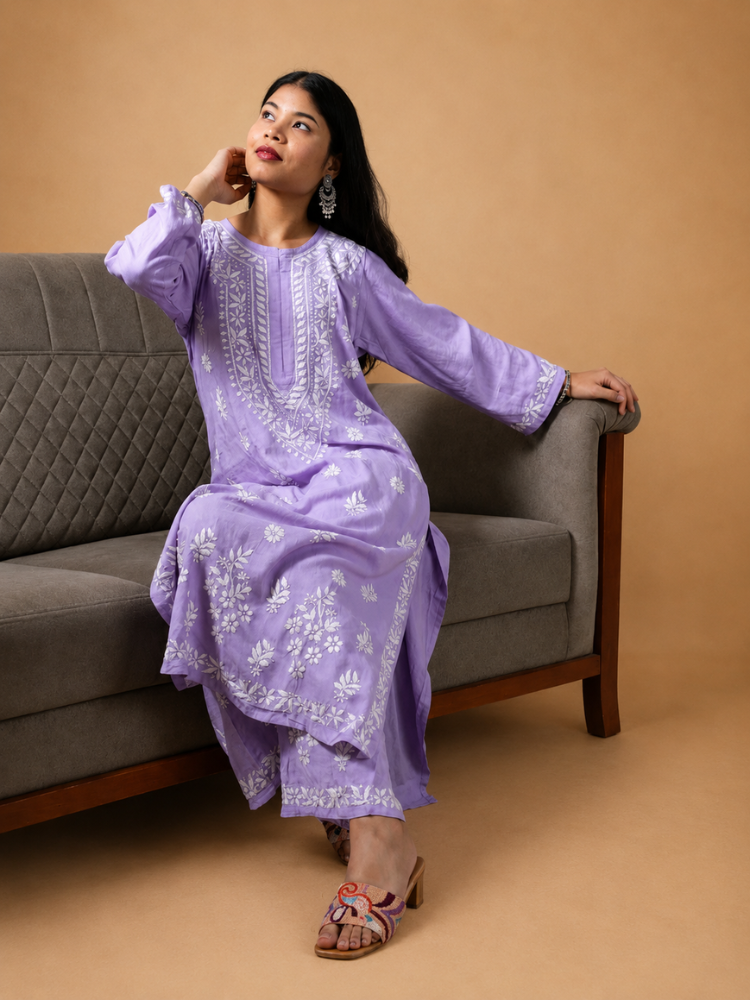 Lavender Modal Kurta Set With Chikankari Hand Embroidery