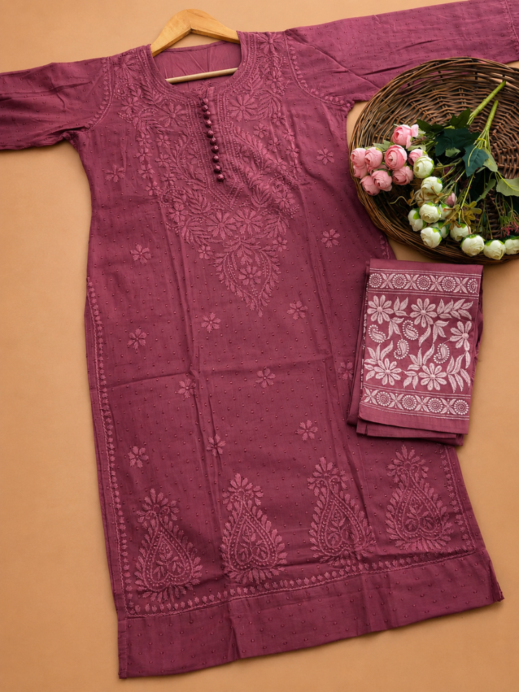 Maroon Chikankari Dobby Cotton Co-ord Set Plus Size