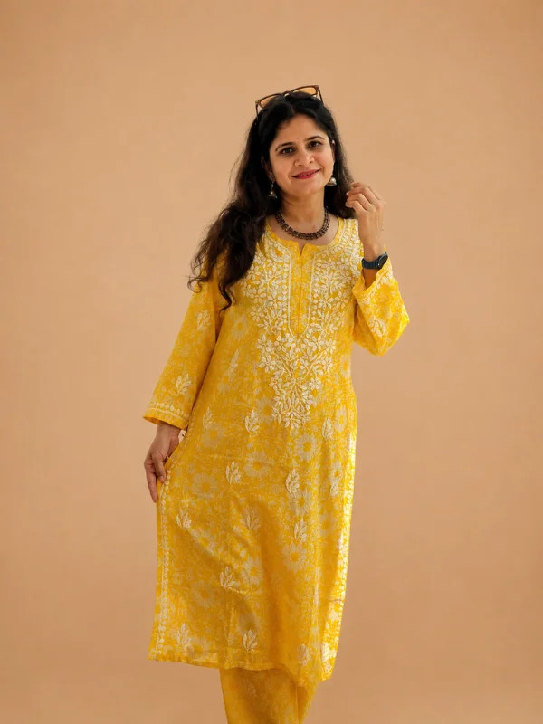 Mulmul Cotton Kurta Palazzo Set With Chikankari