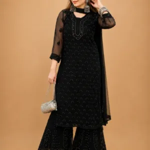 Partywear Black Kurta Set With Chikankari & Mukaish