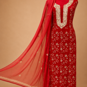 Partywear Red Chikankari Suit With Gotapatti