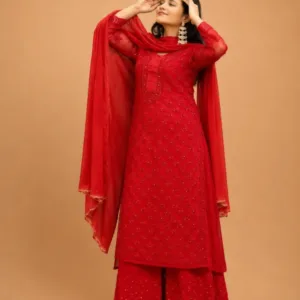Partywear Red Kurta Set With Chikankari & Mukaish