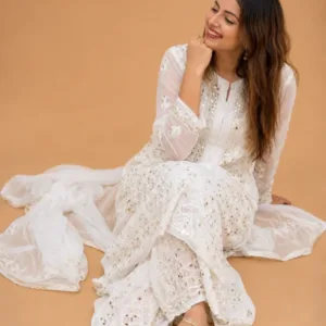 Partywear White Chikankari Kurta Sharara Set With Gotapatti