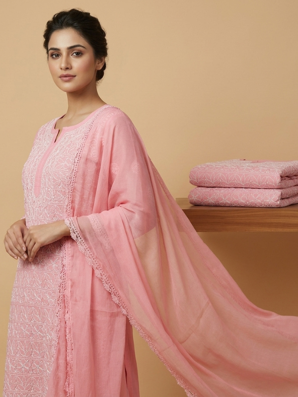 Peach Chikankari Cotton Suit Piece