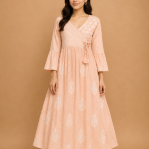 Peach Printed Rayon Chikankari Angrakha Kurta