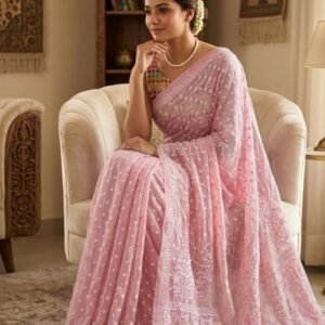 Pink Chikankari Saree With Resham Thread Embroidery