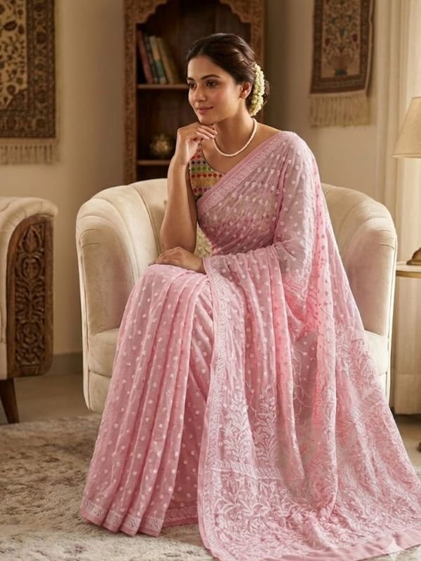 Pink Chikankari Saree With Resham Thread Embroidery