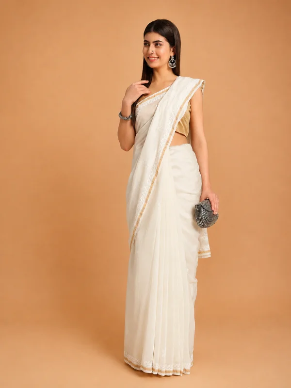 Pure Chanderi Silk Saree With Chikankari Hand Embroidery