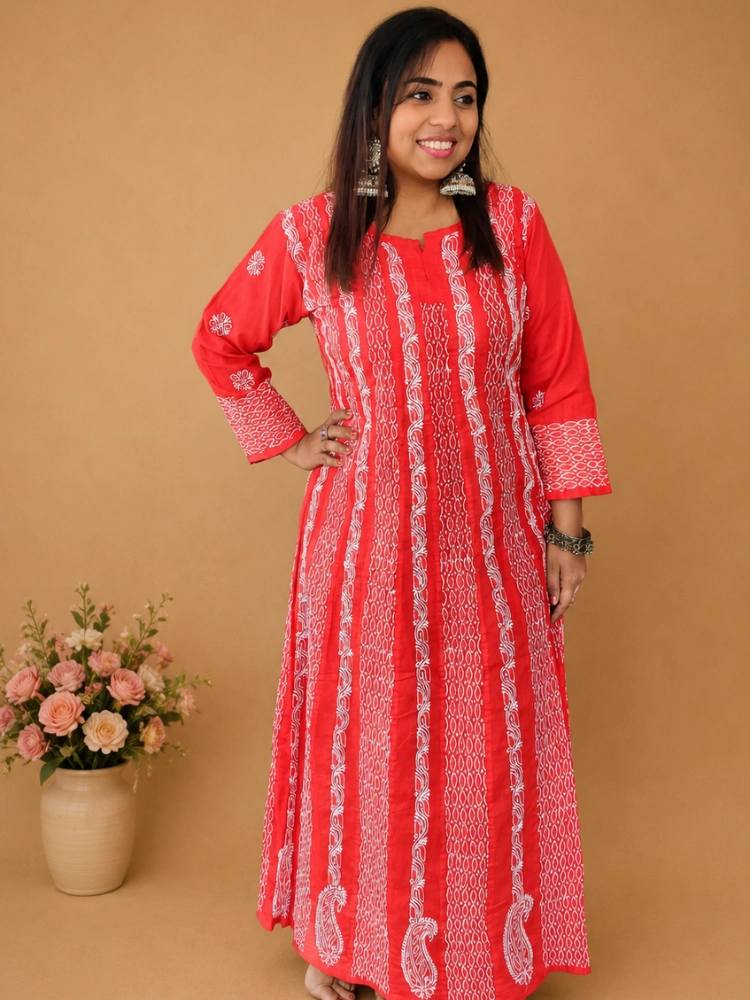 Red Cotton Chikankari Anarkali