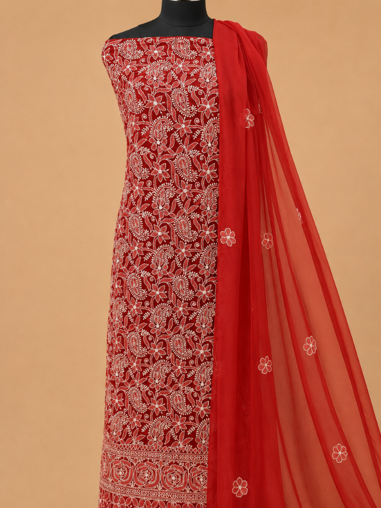 Red Georgette Chikankari Suit Piece With Hand Embroidery