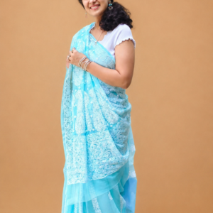 Sky Blue Chikankari Saree With Hand Embroidery