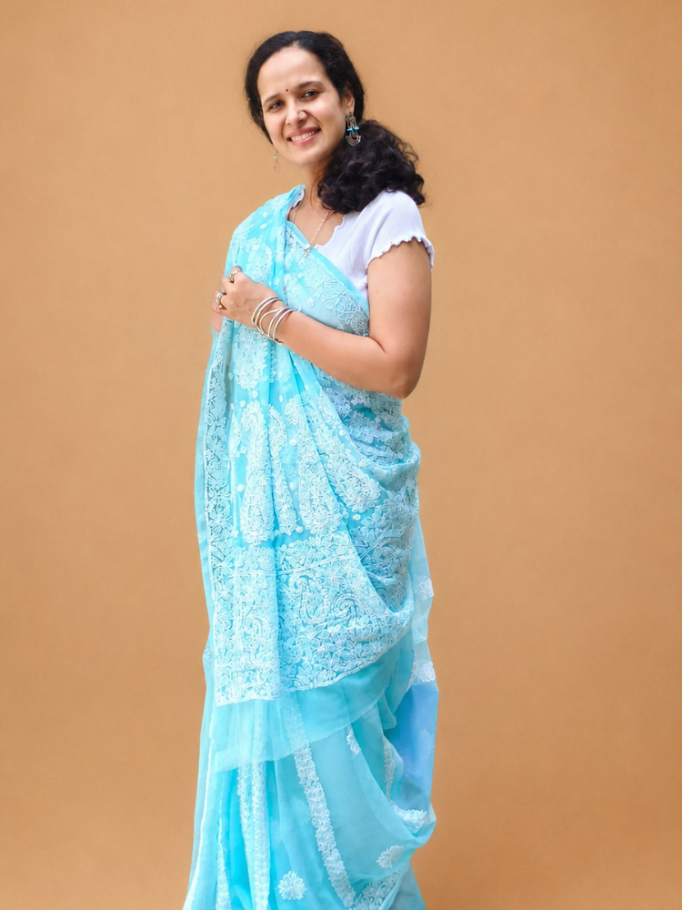 Sky Blue Chikankari Saree With Hand Embroidery