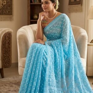 Blue Chikankari Saree With Resham Thread Embroidery