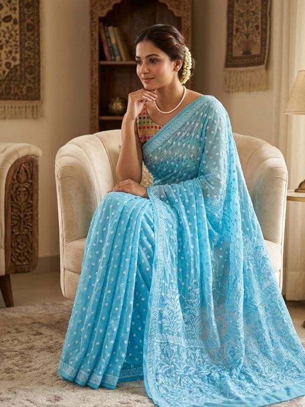 Sky Blue Resham Thread Saree_W Blue Chikankari Saree With Resham Thread Embroidery