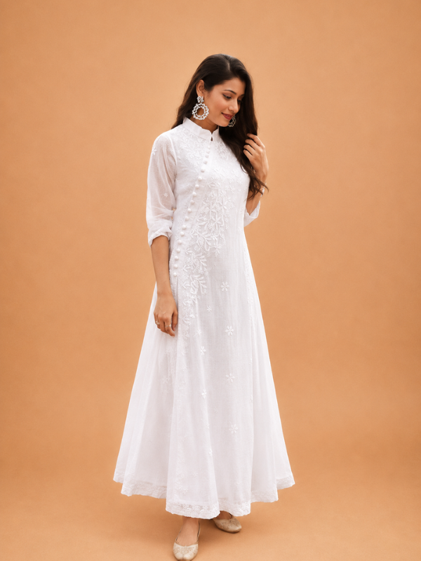 White Pure Kota Cotton Angrakha With Chikankari Hand Embroidery