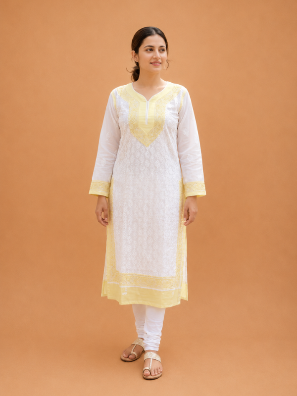 White Yellow Cotton Chikankari Kurta