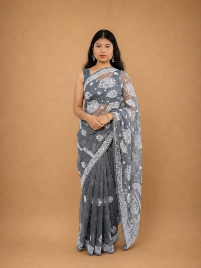 Grey Lucknowi Chikankari Saree With Border Palla Hand Embroidery