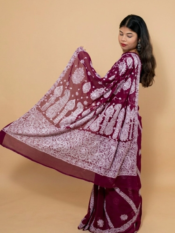 Wine Chikankari Saree With Border Palla Embroidery