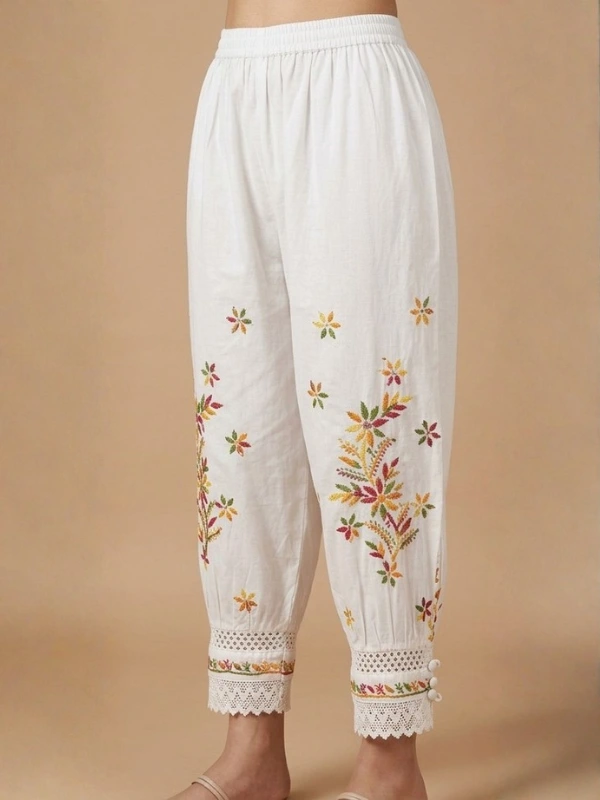 White Cotton Afghani Salwar with Multicolour Chikankari