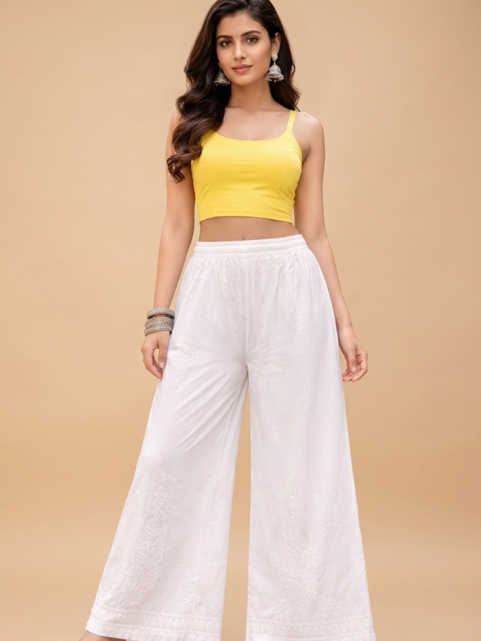 White Chikankari Pants & Palazzos