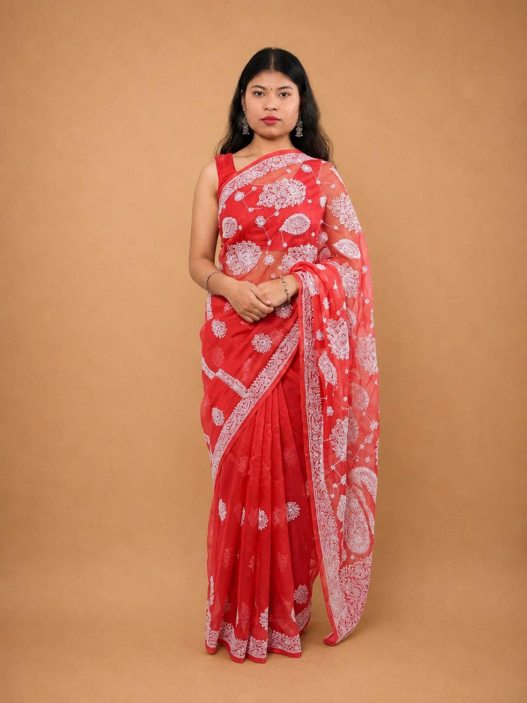 Coral Red Lucknowi Chikankari Saree With Border Palla Hand Embroidery