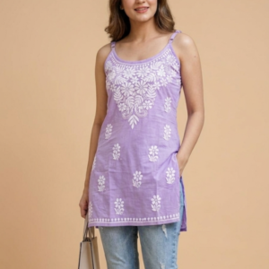 Lavender Noodle Strap Chikankari Short Kurti