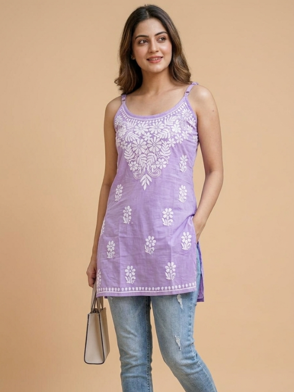 Lavender Noodle Strap Chikankari Short Kurti_W Lavender Noodle Strap Chikankari Short Kurti