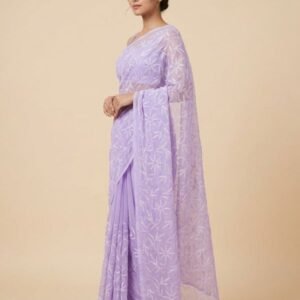 Lavender Chikankari Saree With Hand Embroidery