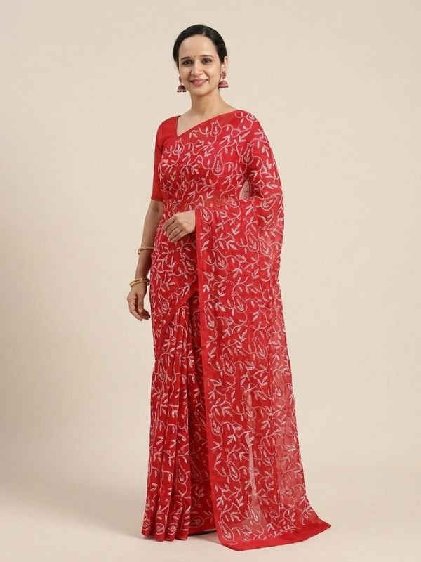 Red Chikankari Saree With Hand Embroidery