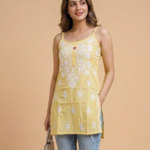 Yellow Modal Chikankari Short Noodle Strap Kurti