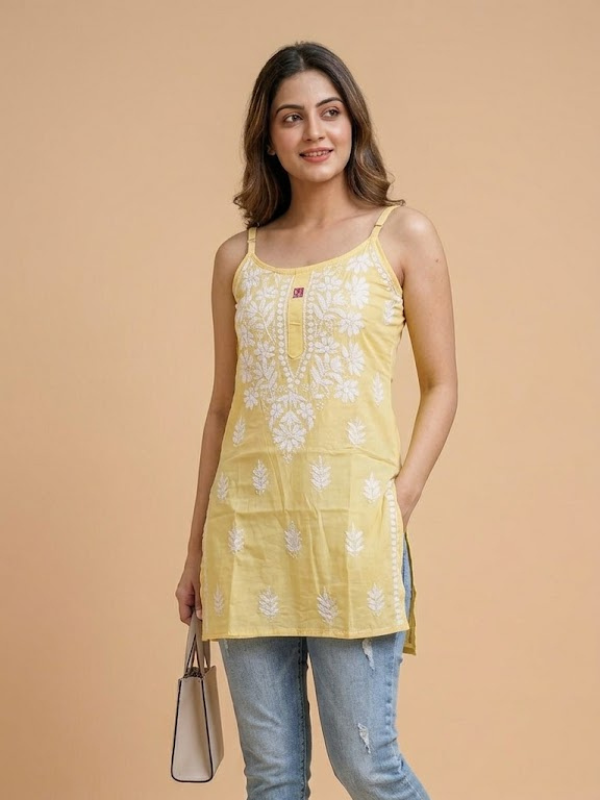 Yellow Modal Chikankari Short Noodle Strap Kurti